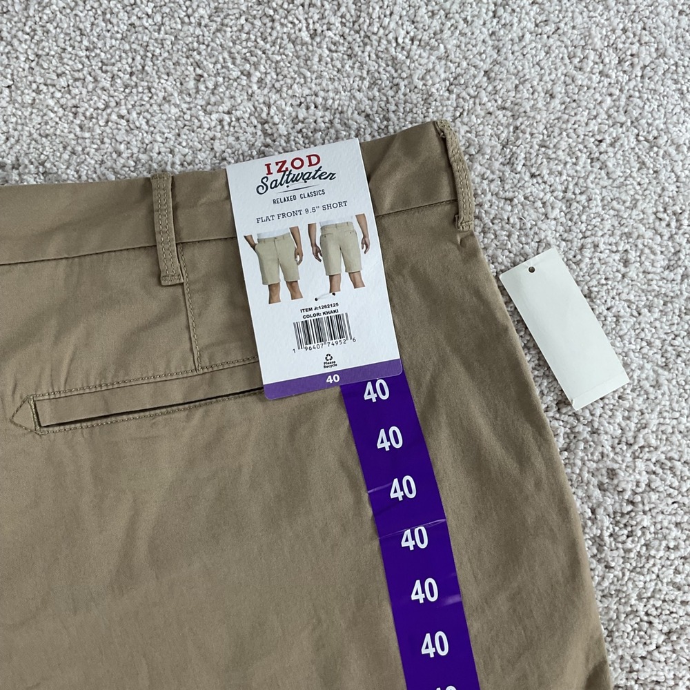 IZOD Saltwater Relaxed Classics Khaki Flat Front Shorts Mens 40W 9.5 Inseam‎ NEW - Picture 7 of 7